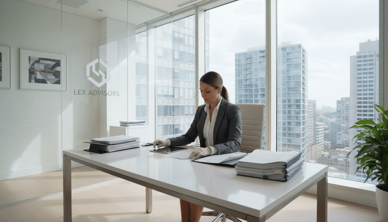 Professional legal consultant reviewing documents in bright modern office with natural light