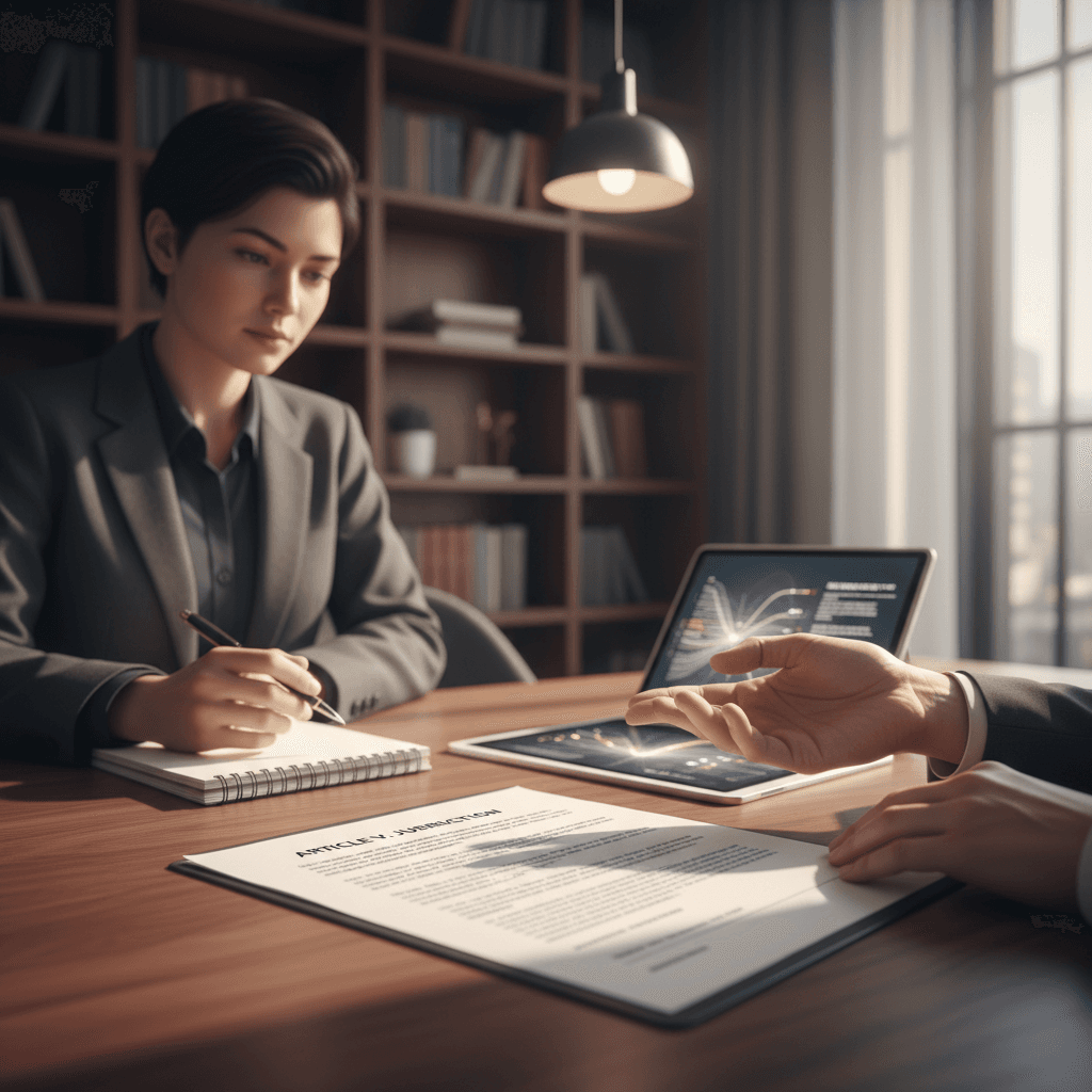 Legal consultant reviewing documents at a bright modern desk