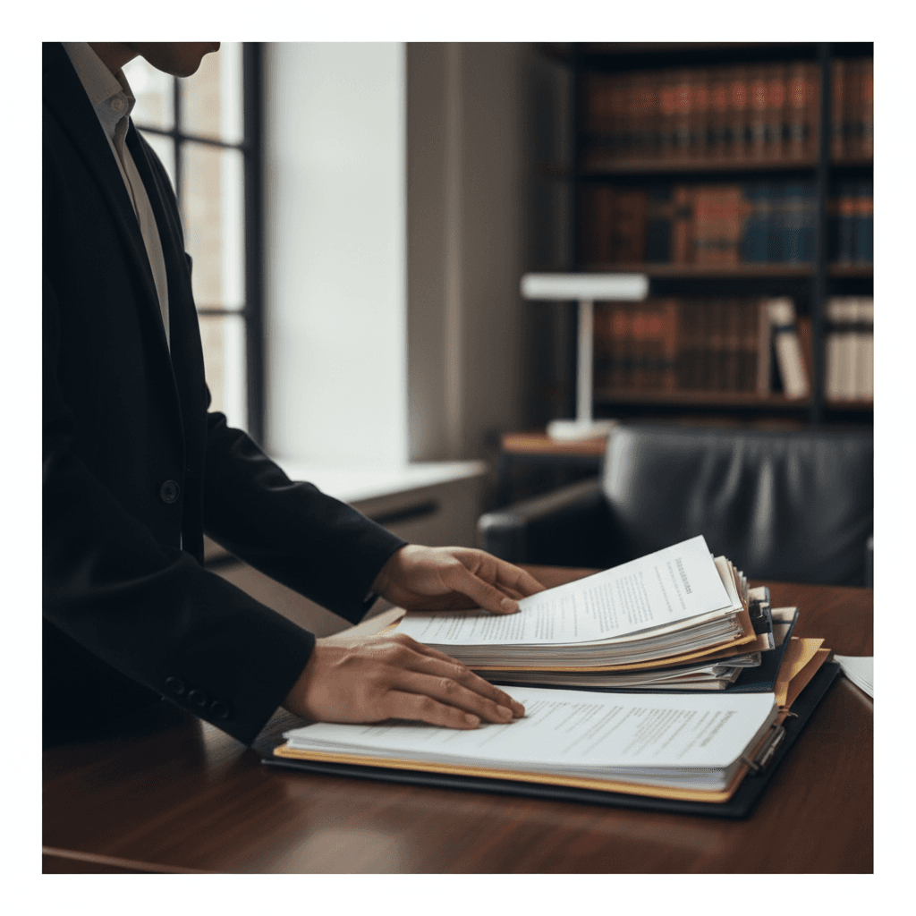 Legal professional reviewing documents at desk in Oakbrook Terrace office