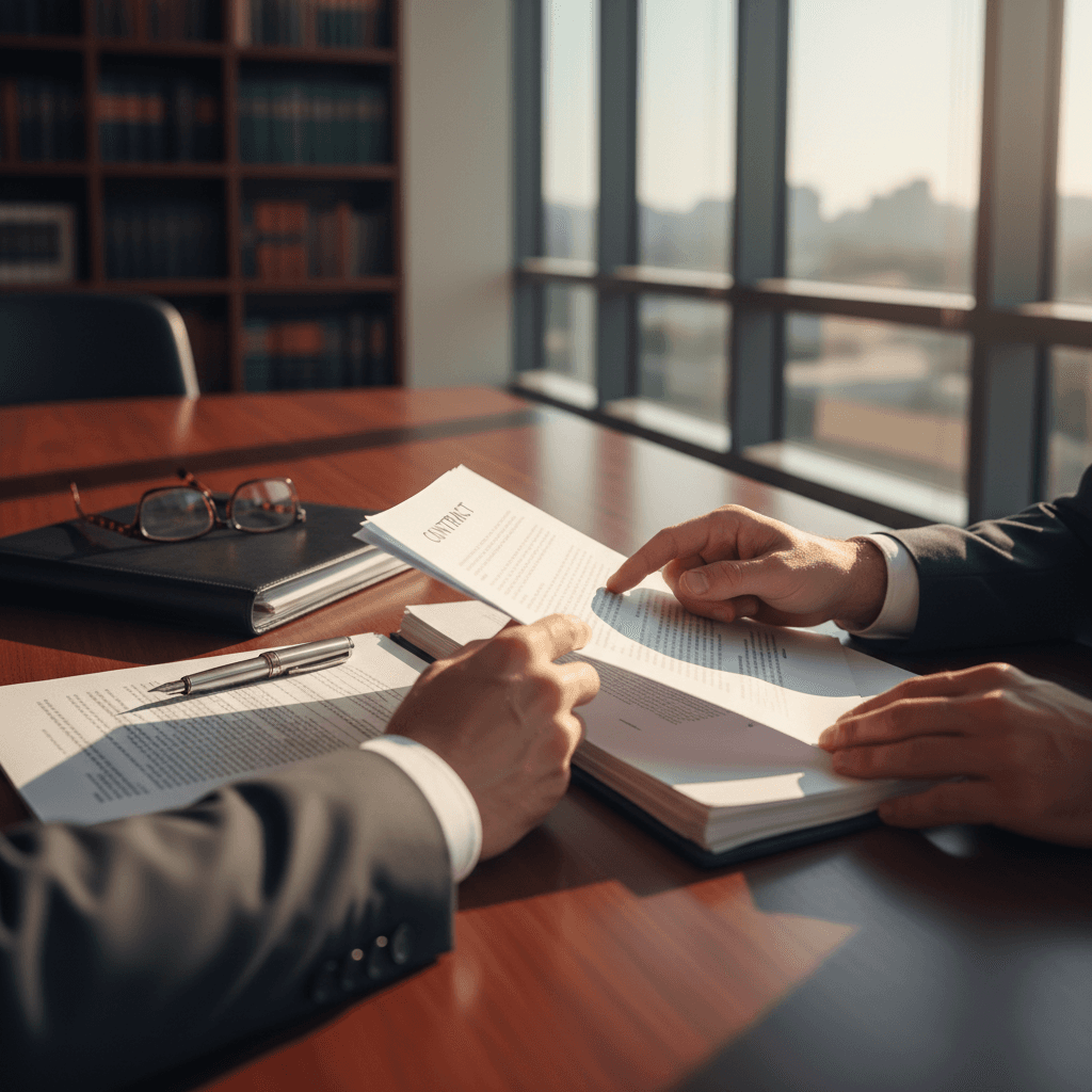 Professional attorney reviewing legal documents at a modern desk in a bright office