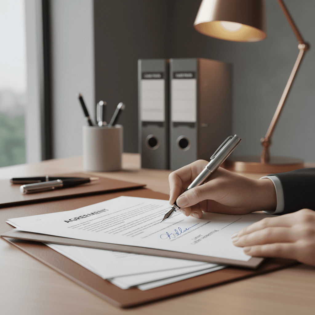 Hand signing a legal document on a wood desk